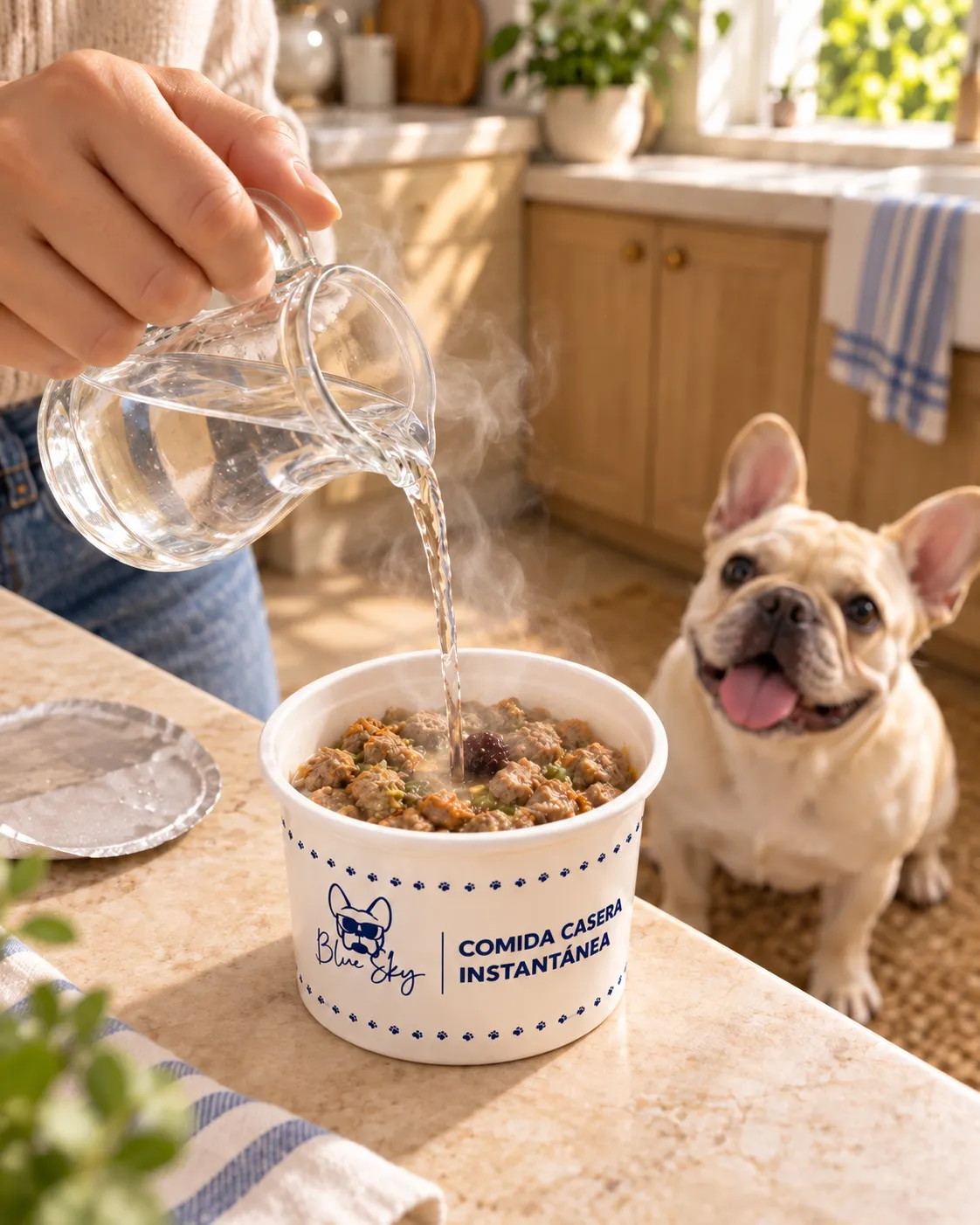 Preparación de Blue Cups con agua, junto a un bulldog francés